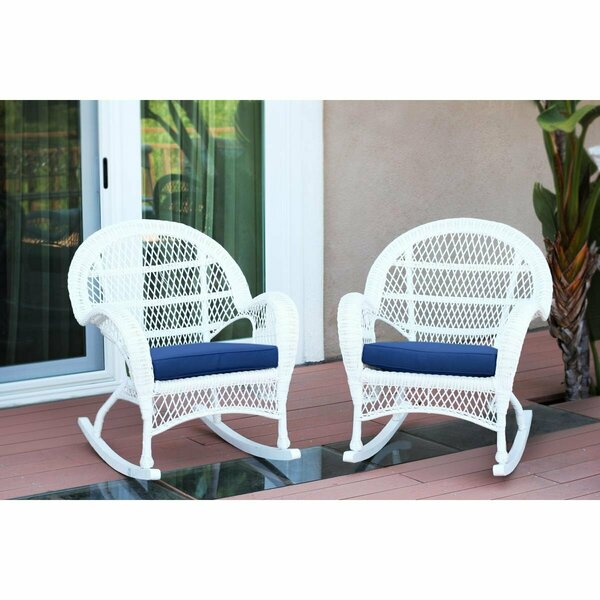 Jeco W00209-R-2-FS011-CS White Wicker Rocker Chair with Blue Cushion, 2PK W00209-R_2-FS011-CS